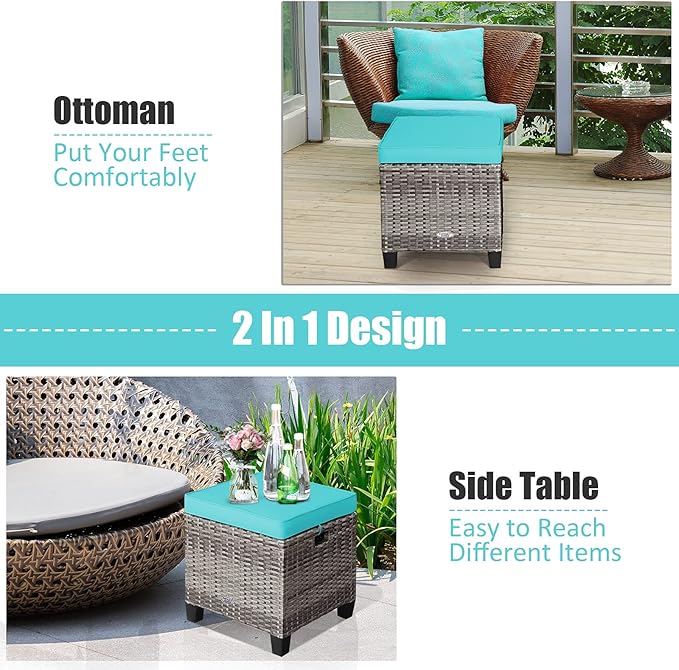 Tangkula 2 Pieces Patio Rattan Ottomans, Outdoor Wicker Footstool Footrest Seat with Soft Cushions and Steel Frame, All-Weather Patio Ottoman Set for Backyard Garden Poolside
