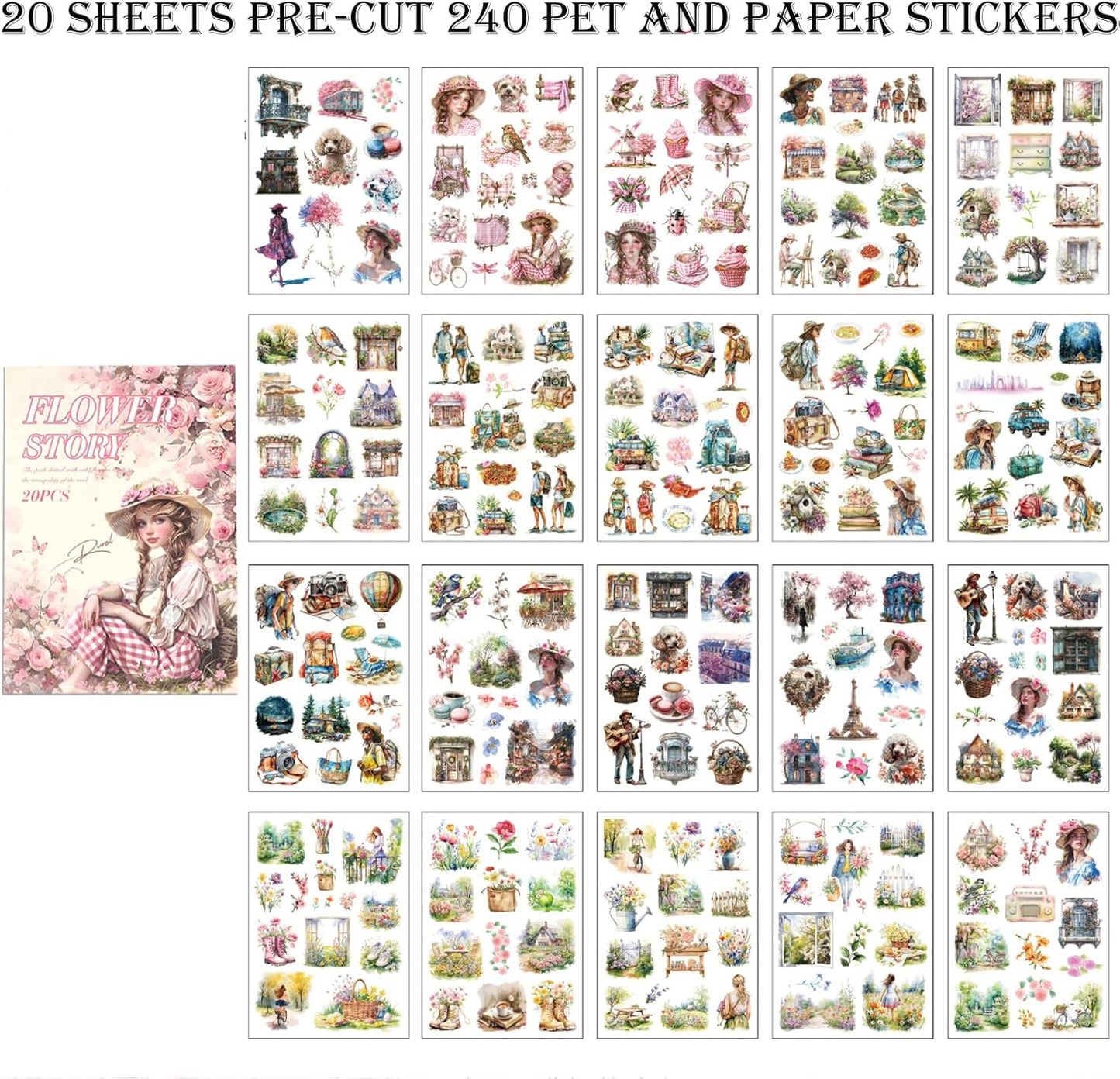 Scrapbook Stickers 20 Sheets 240 Pre-Cut Washi Stickers for Journaling PET Transparent Book Sticker Decorative or DIY Paper Crafts Arts and Crafting Projects