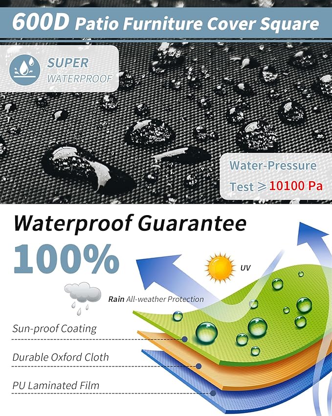 Outdoor Waterproof Furniture Cover, 106W x 106L x 28H inches Heavy Duty 600D Square Table and Chair Set Protection, Black