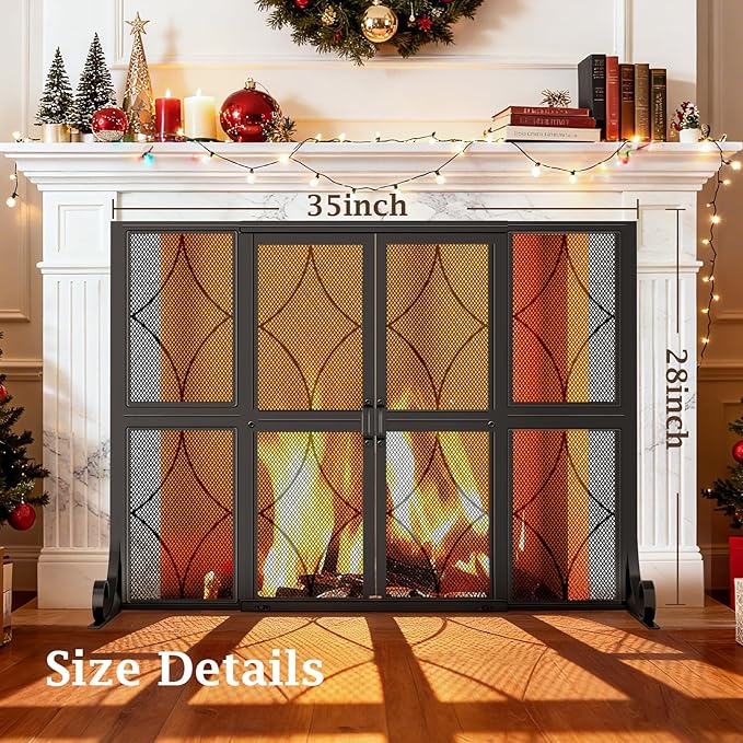 Fireplace Screen with Sliding Doors, 35" W x 28" H H Modern Wrought Iron Fire Spark Guard Cover for Christmas Decorative, Baby and Pet Proof, Small