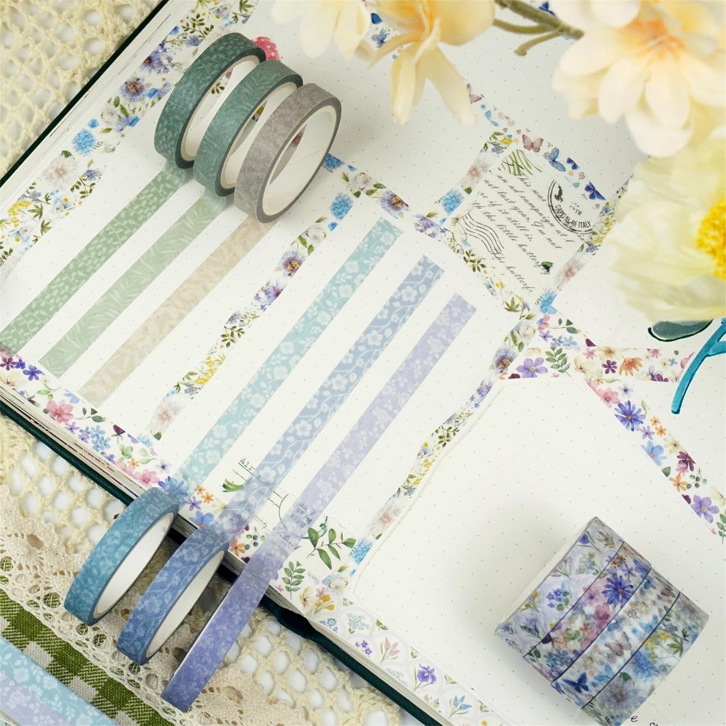 YUBX Spring Washi Tape Set 16 Rolls Flowers Printed Embellishment Green Decorative Masking Tapes for Arts, DIY Crafts, Journals, Planners, Scrapbook, Wrapping