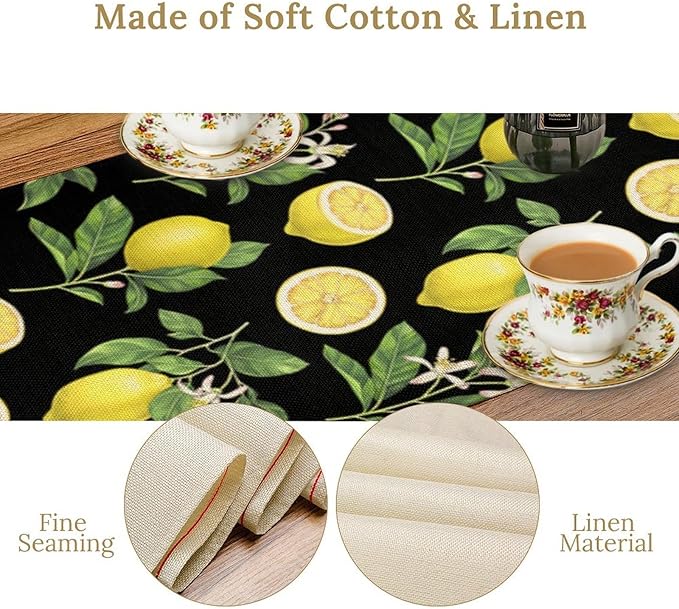 Watercolor Lemon Table Runner, Spring Summer Seasonal Green Leaves Flowers Yellow Fruits Print Table Runner for Farmhouse Kitchen Dining Table Home Party Indoor Decor 13x70in