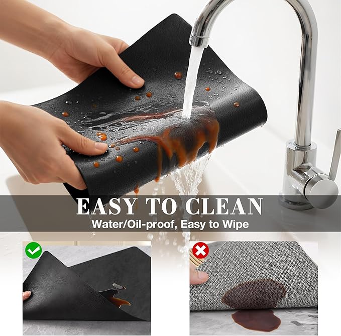 Roxifina Faux Leather Placemats Set of 8 - Vinyl Placemats Wipeable Waterproof Oil-Proof PU Place Mats Heat Resistant Reversible Table Mats for Dining, Kitchen, Outdoor, 12 x 17 Inch (Washed Black)