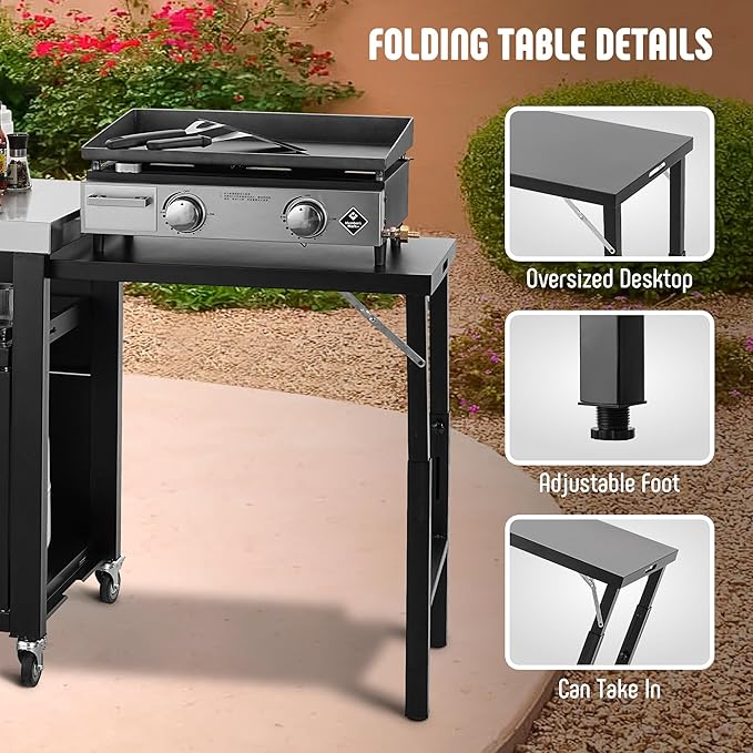 Grill Table,Outdoor Kitchen with Cabinet Outdoor Grill Table with 2 Foldable Side Tables Stainless Steel Top for Outdoor Kitchen Cabinets, Bar Cart, Movable Grill Cart with Pull-Out Plate, L74”x W24”
