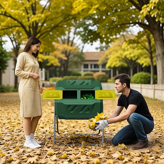 F2C Compost Bin Outdoor Dual Chamber Tumbling Composter 43 Gallon BPA Free Large Tumbler Composters Tumbling or Rotating w/Sliding Doors & Solid Steel Frame Garden Yard Black