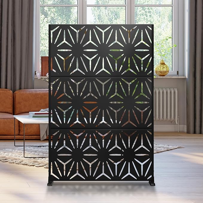 Metal Privacy Screen Outdoor 72" H×47" W, Freestanding Decorative Privacy Screen for Balcony Yard&Garden, Privacy Fence-Black&Star