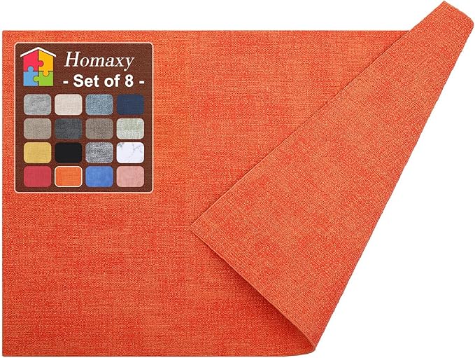 Homaxy Faux Leather Heat Resistant Placemats for Dining Table Set of 8, Waterproof Wipeable Washable PU Table Mats, Easy to Clean Anti-Slip Place Mats, 11.8" x 17", Orange