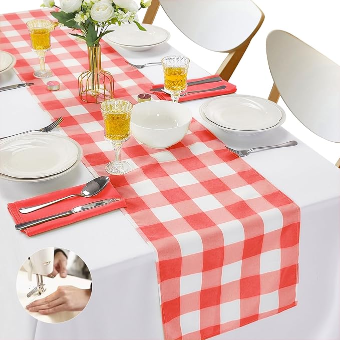 Fabric Checkered Table Runner 6 Pack Waterproof Gingham Table Runner 14W x 108L Buffalo Check Table Runners for Parties Kitchen Dining Wedding Banquet (Red and White)