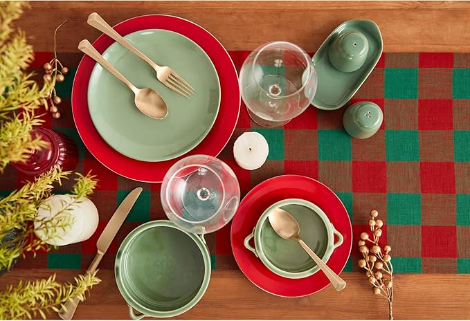 Solino Home Linen Checkered Table Runner 108 Inches Long - 100% Pure Linen Red and Green Buffalo Check Table Runner 14 x 108 Inch Ideal for Dining, Winter