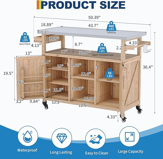 Garvee Outdoor Grill Cart with Storage, Outdoor Bar Cart Rolling BBQ Movable Pizza Oven Table Stand, Kitchen Island Carts with Stainless Steel Top, Spice Rack, Towel Rack & Storage Cabinet, Natural