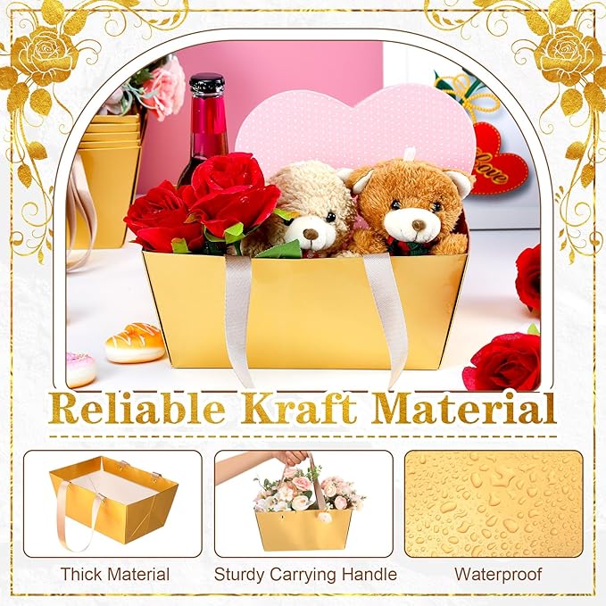 Glenmal 72 Pcs Baskets for Gifts Waterproof Empty Kraft Basket Bulk with Handles 9.8 x 6.5 x 4.3'' Gift Basket Empty to Fill for Wedding Party Christmas Valentines(Gold)