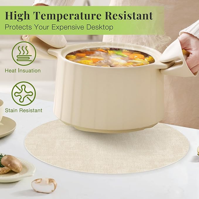 13-Inch Faux Leather Round Placemats Set of 6, Waterproof Anti-Slip Dual Sided Place mats, Heat Resistant Washable Table Mats with Coaster, Suitable for Indoor & Outdoor (6, Black Beige)