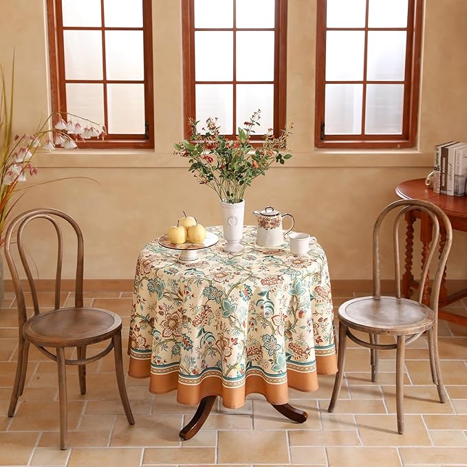 Designer Linen Round Tablecloth,Vintage Indian Style Wrinkle Free Block Print Table Cloth,Decorative Table Cover for Kitchen,Dining,Party,Thanksgiving,Christmas,Diameter 67"-Mangala