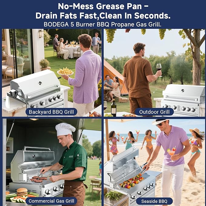 BODEGA 30 Inch 5-Burner Propane Gas Grill with Rotisserie Chicken Fork Kit, 58000-BTU Outdoor Gas Grill for Kitchen, LPG/NG Convertible, Backyard BBQ Grill with Temperature & Rear Infrared Burner.