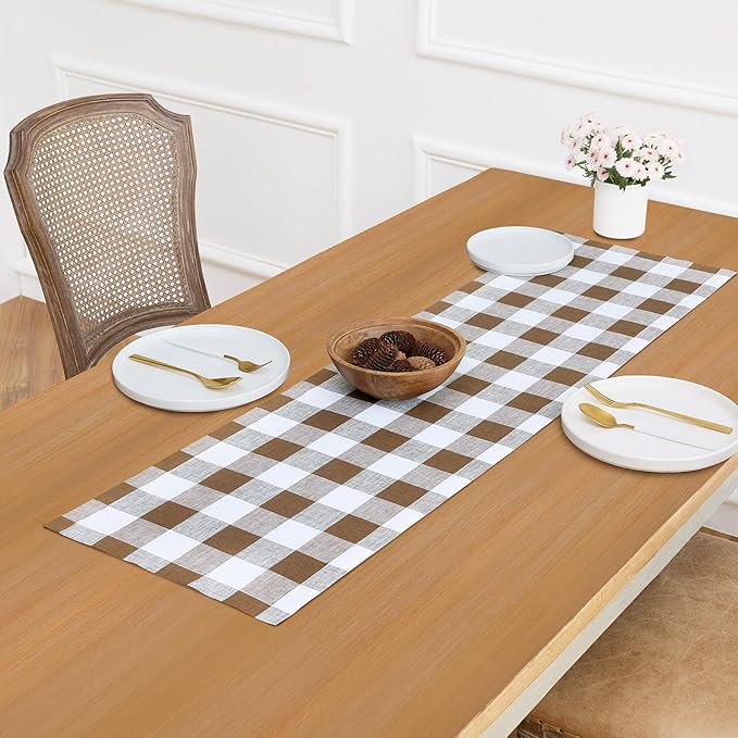 Solino Home Linen Table Runner 48 Inches - 100% Pure Linen Coco Brown and White Buffalo Check Short Table Runner 14 x 48 Inch Ideal for Dresser and Coffee Tables
