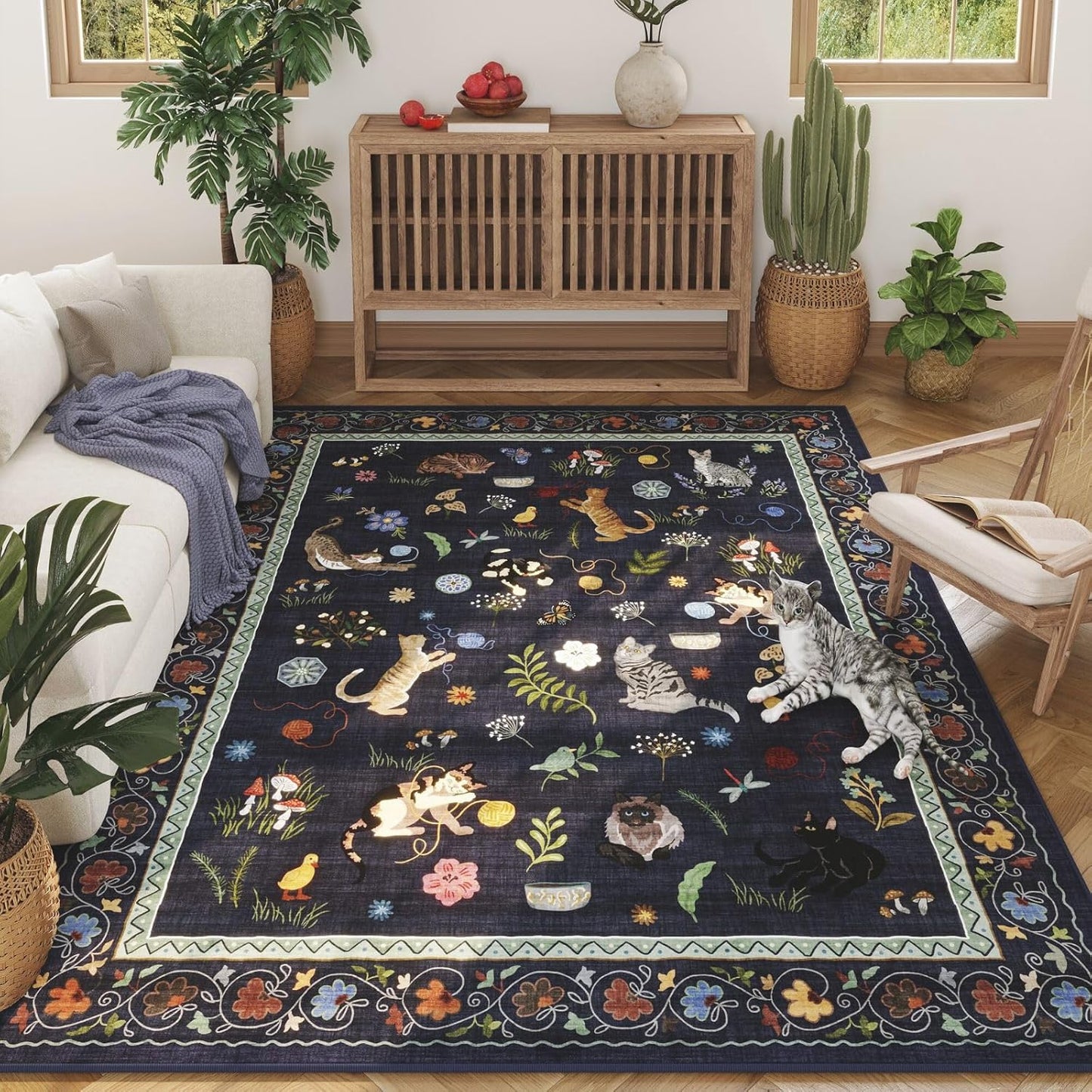 Rugcomf Living Room Rug 5x7 Rug Machine Washable Boho Area Rug Non Slip Floral Animal Cat Vintage Low Pile Large Rugs for Living Room Bedroom Farmhouse Dining Room Kids Playroom, Cobalt Blue