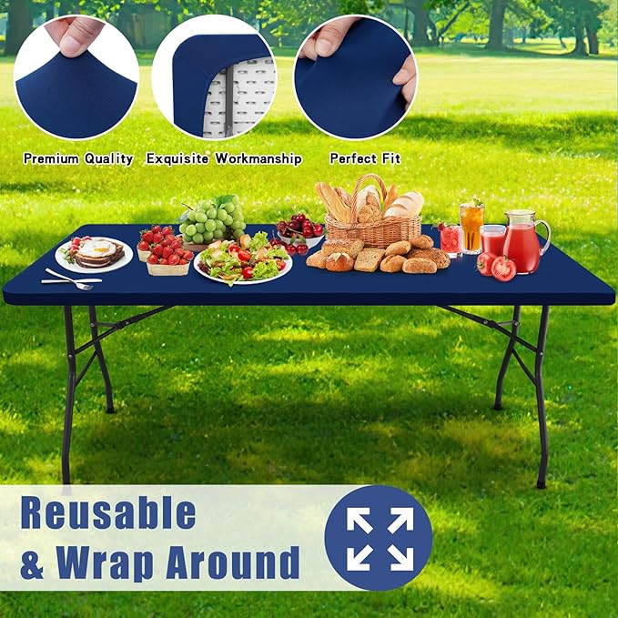 Spandex 8 Foot Rectangle Table Cloth 6 Pack, Elastic Fitted Tablecloths for Picnic, Stretch Washable Patio Table Cover for Outdoor, Camping, Banquet and Parties (Navy, 30"x96")
