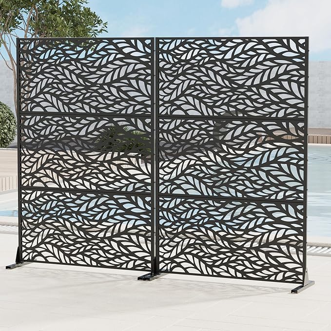 Casaphoria 72" H x 45" W Metal Privacy Screen, 2 Pack Outdoor Freestanding Decorative Divider for Patio & Garden with Stable Base, Black-Spring