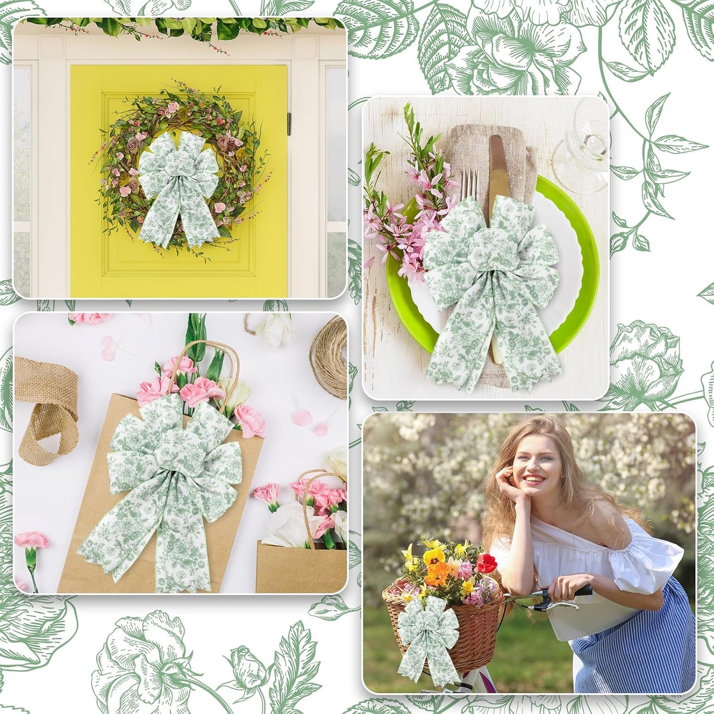 AnyDesign Floral Wired Edge Ribbon Roll Green Flower Ribbon Chinoiserie Fabric Ribbon for Wreath Bow Making DIY Crafts Gift Wrapping, 12 Yard