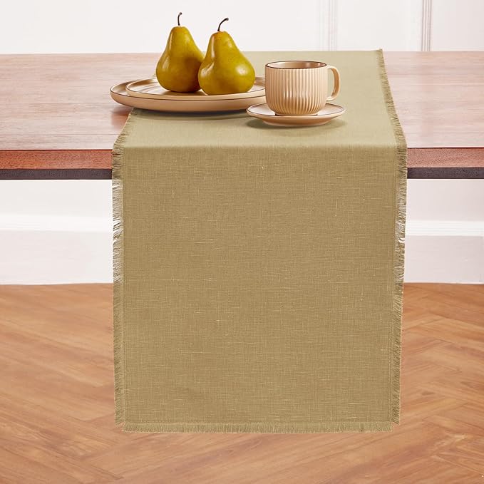 Solino Home Fringe Linen Table Runner 36 Inches - 100% Pure Linen Kelp Table Runner 14 x 36 Inch Ideal for Dresser and Coffee Tables, Spring