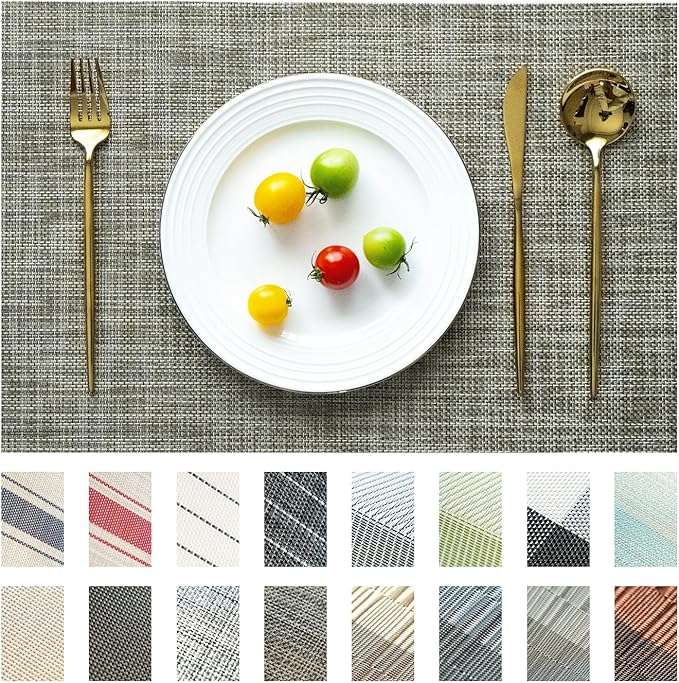 Placemats Set of 12 Vinyl/Plastic Woven Place Mats for Kitchen Table Indoor/Outdoor Washable Placemat Wipeable Dining Table Mats (Brown,12)