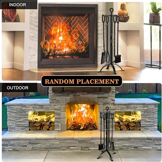 Gtongoko Fireplace Tools Set 5 Pieces 32 Inch Modern Black Wrought Iron Large Fire Tool Set for Outdoor/Indoor Include Chimney Poker, Tongs, Shovel, Brush and Stand Accessories Set