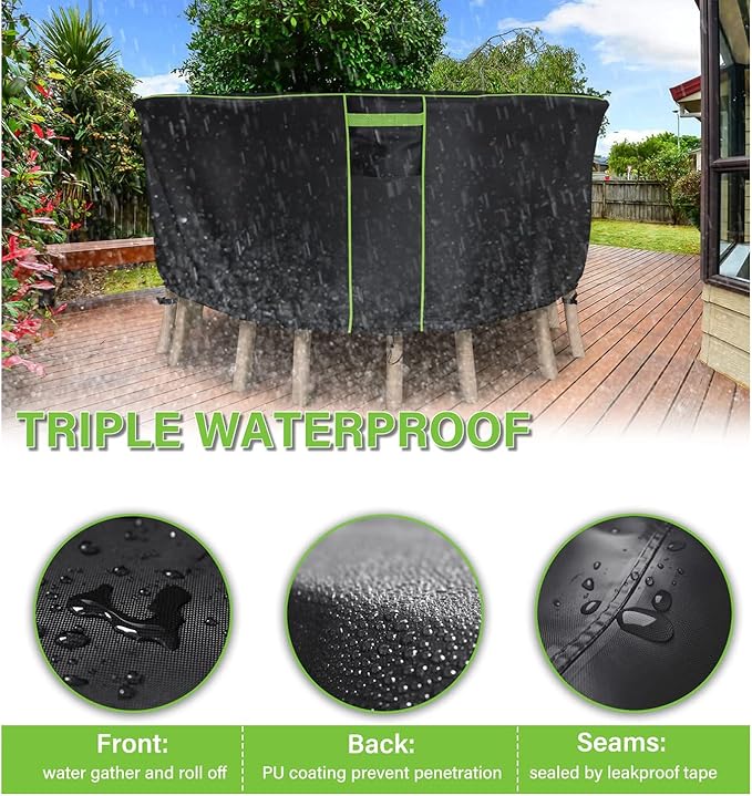 Round Patio Table Cover for Outdoor Table Chairs Set,600D Outdoor Furniture Cover Waterproof,Tear Resistance and Anti-UV,48" Dia x 28" H,Black