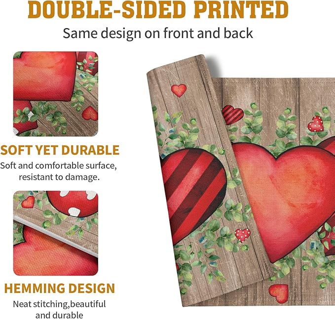 Valentines Day Wooden Plank Placemats Set of 4, 12x18 Inch Valentine Eucalyptus Leaves Heart Dining Table Placemats Wedding Washable Heat Resistance Place Mats for Party Kitchen Dining Decor