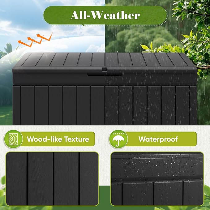 Flamaker Outdoor Storage Box 80 Gallon Resin Waterproof Deck Box Delivery Box with Wood Texture Large Storage Bin for Patio Cushions (Black)