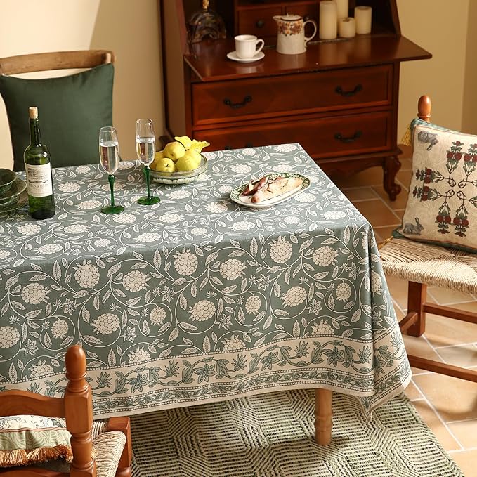 ISAENNE Designer Grayish Green Linen Small Round Tablecloth,Floral Stain Resistant Table Cloth,Fall Vintage Decor Tablecloths for Dining Thanksgiving Kitchen Party,Diameter 55"-Andrew A