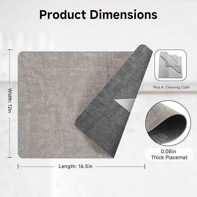 Faux Leather Vinyl Placemats Set of 4 Wipeable Heat Resistant Place Mats 100% Washable - Waterproof - Anti Slip Reversible Table Mats for Kitchen/Dining/Party/Outdoor, 12" x 16.5", Light Grey & Black