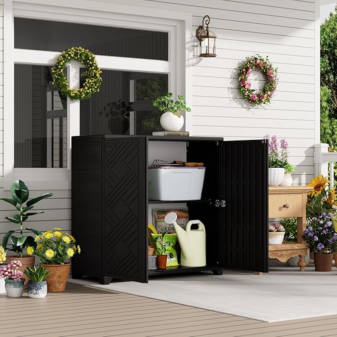 HOMSPARK Indoor/Outdoor Storage Cabinet with Doors, 34”x15”x34” HDPE Plastic Storage Box for Bedroom, Bathroom, Living Room, Balcony, Multi-Purpose for Daily Tools, Black