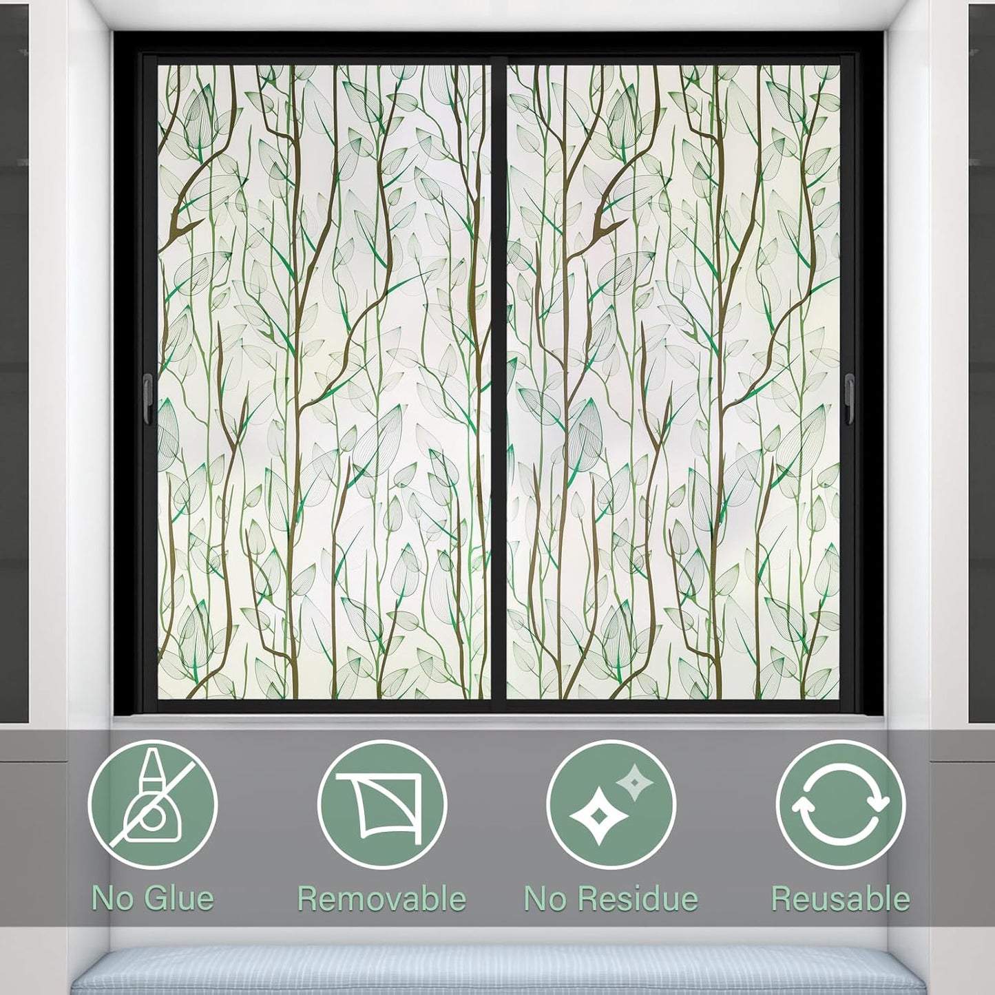 Donox Frosted Glass Window Film Heat Control UV Blocking, Static Cling Reusable Home Bathroom Door Window Privacy Film, Green Leaf Pattern Window Covering with Installation Tool, 23.6 in x 13.1 feet