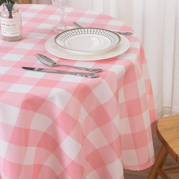 Cupuamon 2 Pack Waterproof Polyester Fabic Round Checkered Tablecloth，60 Outdoor Table Cloth，Oil Stain Prevention Table Cloth for Pinics and Parties（Pink and White）