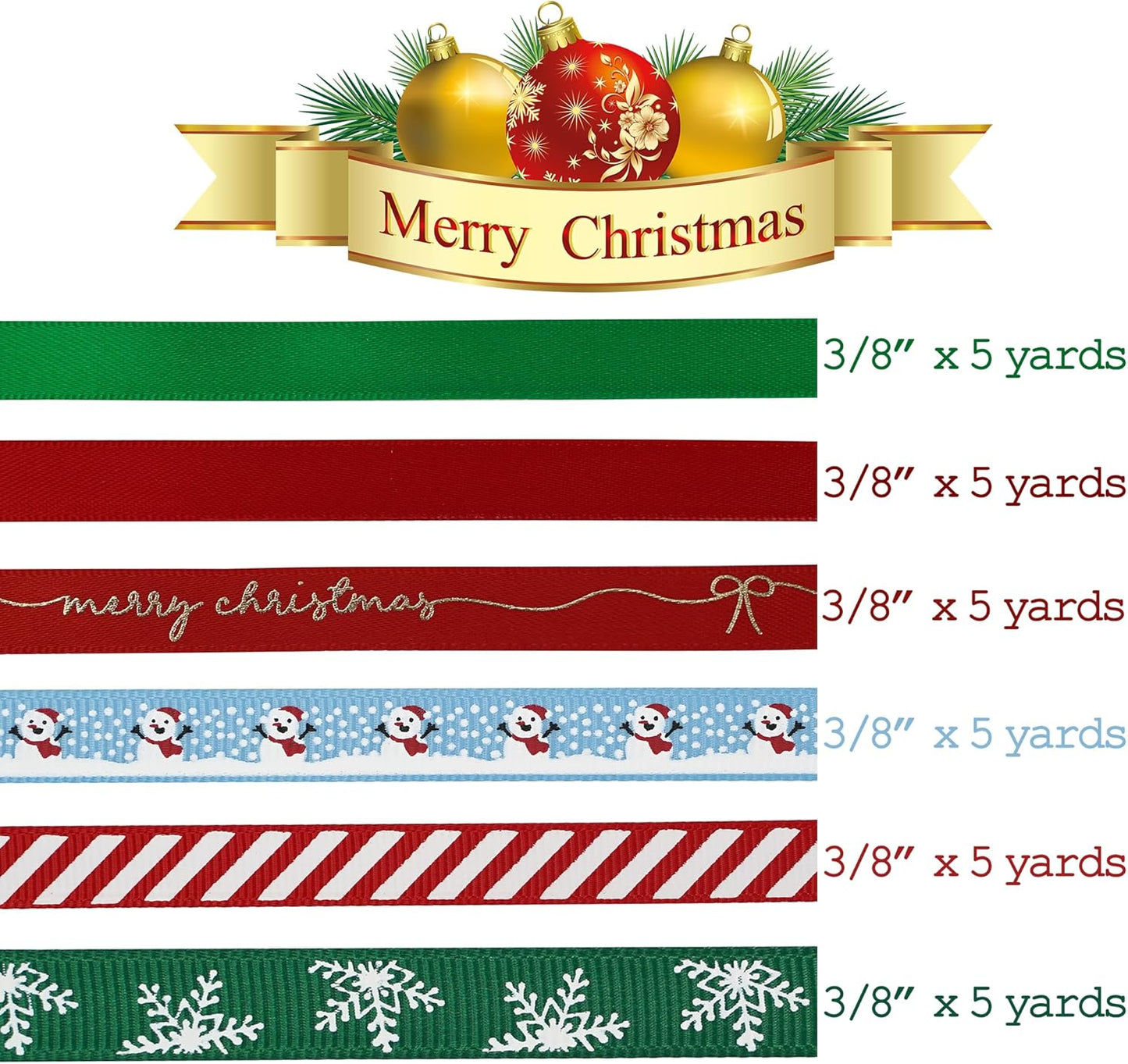 MEEDEE Christmas Ribbon 3/8 inch Thin Holiday Ribbon Set in Red, Green, White, Gold & Silver Color 12 Rolls 60 Yards Perfect for Gift Wrapping, Xmas Wreath Decor, Garlands, and Holiday Crafts