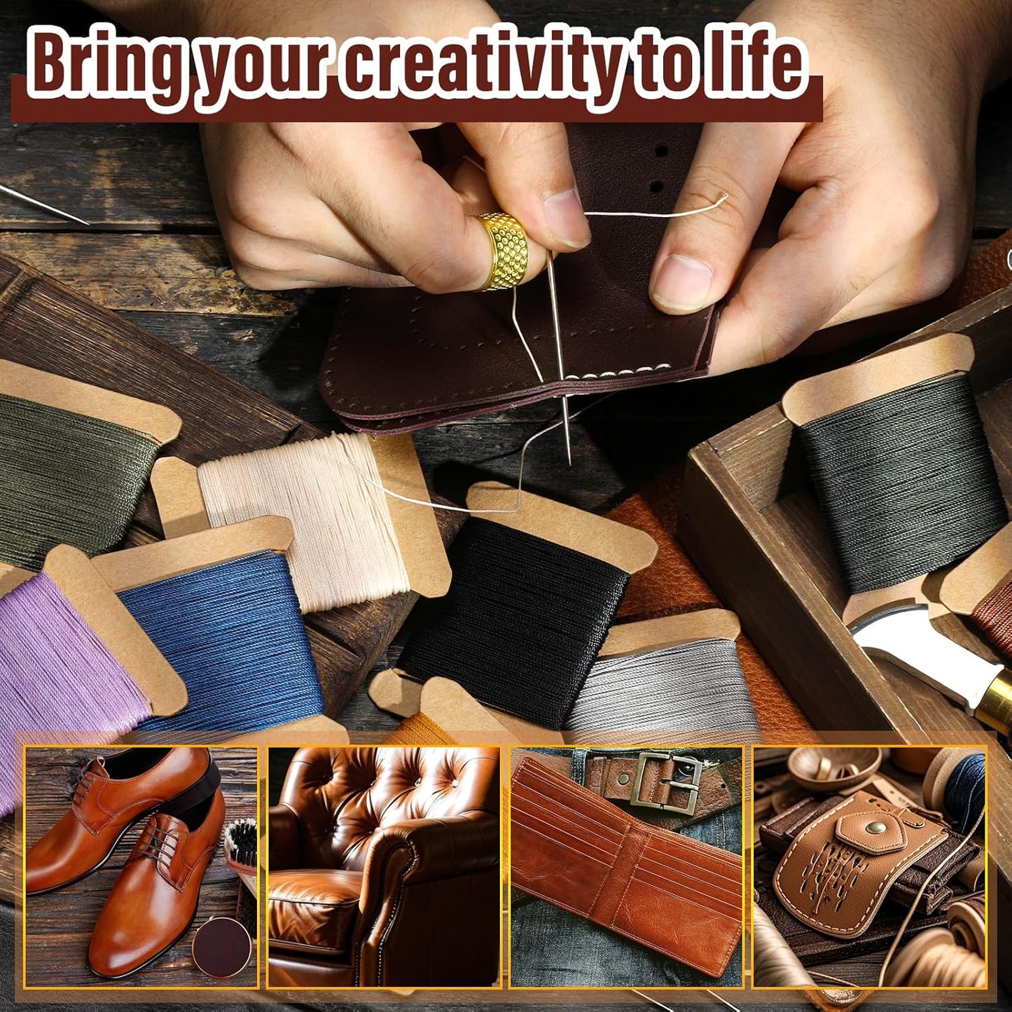 Repair Sewing Kit, Upholstery Needle and Thread Kit with 32 Yard Waxed Thread and 8 Pcs Heavy Duty Leather Needles for Hand Stitching, Canvas & Quilting - 0.55mm Round Waxed Cord Beige