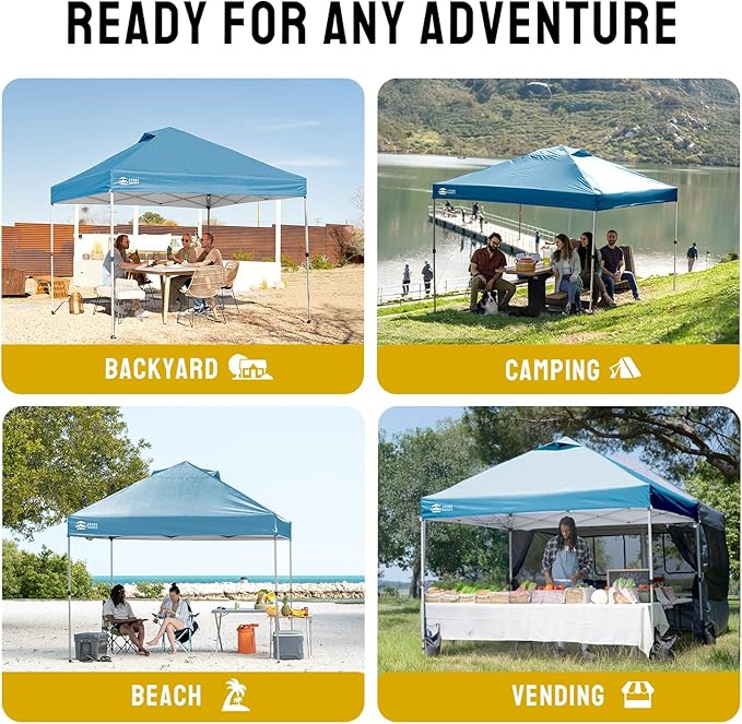 CROWN SHADES 10x10 Pop Up Canopy - Beach Tent with One Push Setup - Easy Outdoor Sun Shade for Events, Parties, Camping - Gazebo with STO-N-Go Cover Bag, Silver Coated Top, Cyan Blue