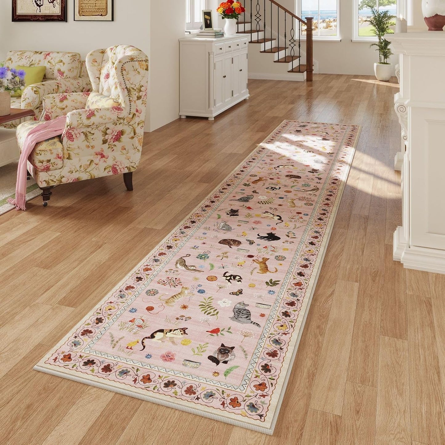 Rugcomf Runners for Kitchen Runner Rug Non Slip 2'x10' Long Washable Rugs with Rubber Backing Soft Floral Animal Cat Carpet Runner for Kitchen Laundry Bedroom Bathroom, Pink