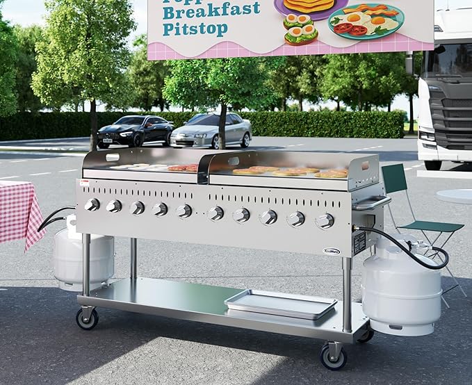 72 in. 10-Burner Commercial Outdoor Propane Gas Grill with Two 36 in. Griddles in Stainless-Steel, ETL Listed (CGKIT7-G36G36)