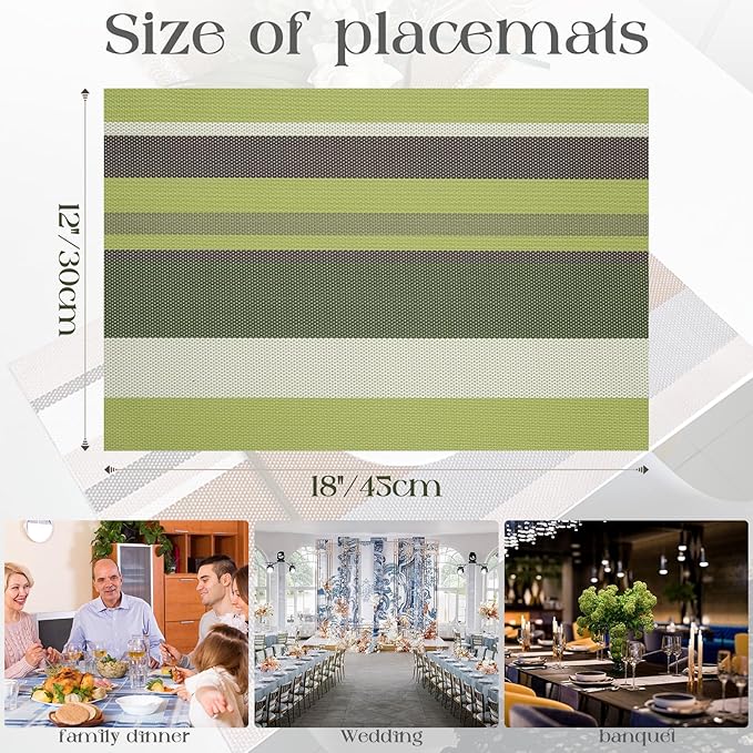 Set of 6 Colorful Striped Vinyl Placemats Heat-Resistant Washable Placemats Non-Slip Woven Table Mats Wipeable Placemat for Kitchen Dining Table Decoration Indoor Outdoor (Meadow Green)