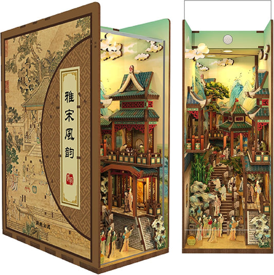 Tonecheer DIY Book Nook Kit for Adults, Wooden 3D Puzzle Bookend Bookshelf Insert Decor, Chinese Booknook Miniature House Kit with Dust Cover and Body Motion Sensor LED (Song Dynasty Culture)