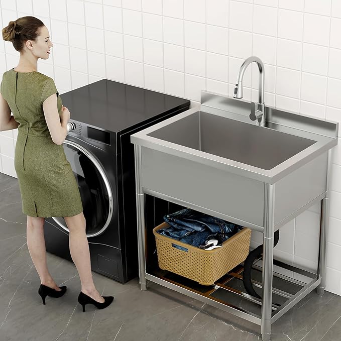 Stainless Steel Utility Sink, Large Freestanding Kitchen Sink with Pull-out Faucet for Commercial Restaurant, Bathroom, Laundry Room, Garage, Outdoor/Indoor, Pet Cleaning, D21.65 x W27.55 x H36.61 in