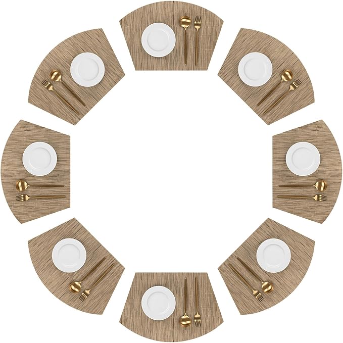 SHACOS Round Table Placemats Wedge Placemats Set of 8 Woven Vinyl Curved Table Mats Washable Indoor Outdoor (8, Tan)