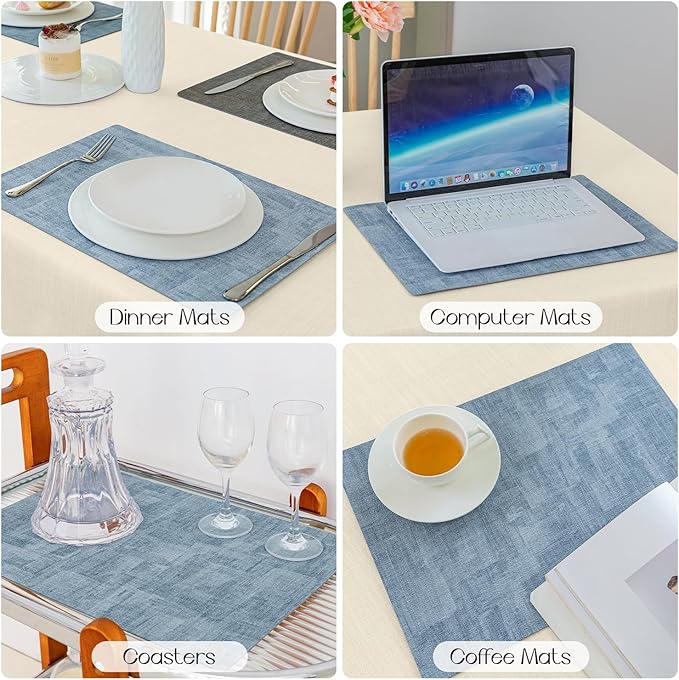 Romanstile Reversible Vinyl Placemats Set of 8, Faux Leather 100% Waterproof Oil-Proof Wipeable Place Mats, Heat Resistant Dual Sided Table Mats for Kitchen/Dining/Party (Grey Sky Blue, 12 x 17 Inch)