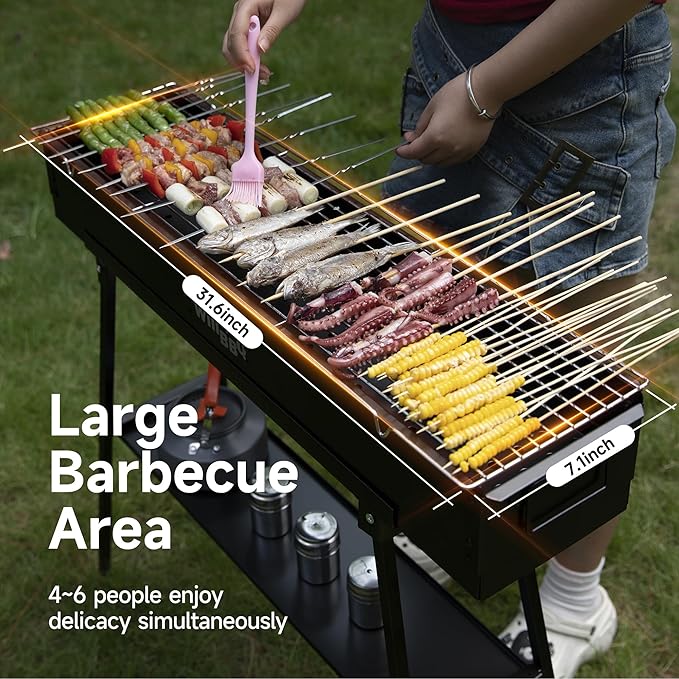 WILLBBQ Charcoal Grills Commercial Quality Portable Hibachi BBQ Folded Camping Barbecue Grill for Backyard Party Outdoor Cooking Use，Perfect Christmas Gifts for Dad (31.6x7.1x5.1 inch), BLACK