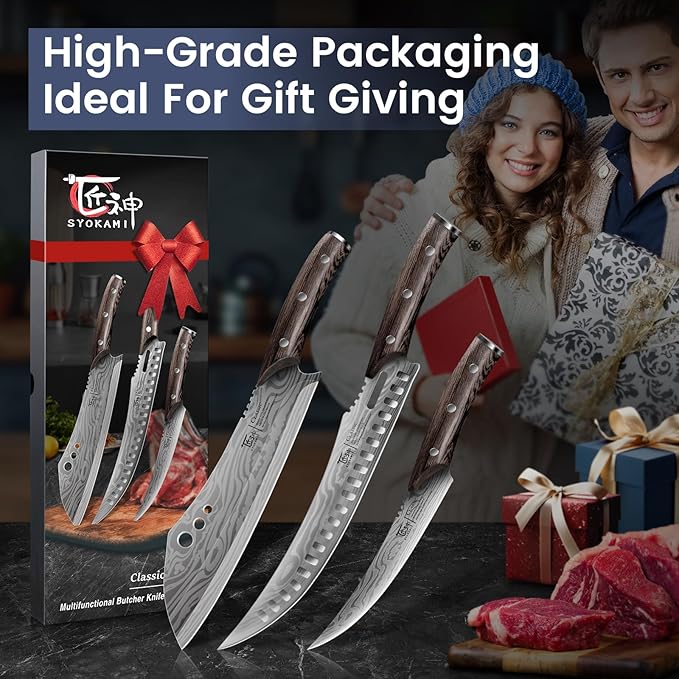 Butcher Knife Set, 3 PCS Kitchen Knives Set for Cutting, Meat Cleaver Chef Knife Set, Japanese Style High Carbon Steel Knives Set, Chopping & Slicing & Boning for Home and BBQ, Christmas gift