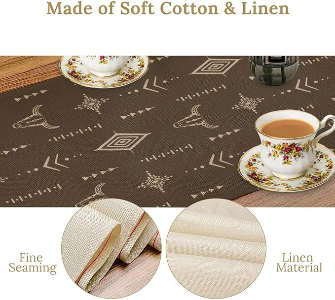 Western Cow Skull Table Runner,Vintage Boho Aztec Cow Ethnic Pattern Printed Table Runner for Home Kitchen Dining Farmhouse Coffee 13x90in