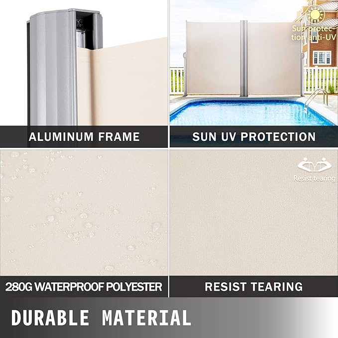 VEVOR Retractable Side Awning, UV 50 71''x236'' Rugged Full Aluminum Rust-Proof Side Awning Patio Sunshine Privacy Divider, 280 g Thicken Wind Screen, for Courtyard, Roof Terraces Pools, Beige