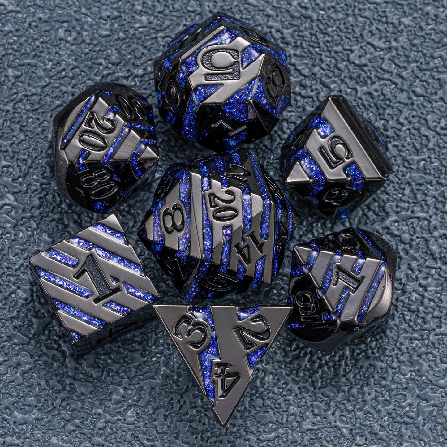 Anitque Metal Dice D&D,Metal Glitter Stripe Dice 7pcs Set with Gift Case,Polyhedral Dice for Role Playing Game (Black Nickel Dark Purple)