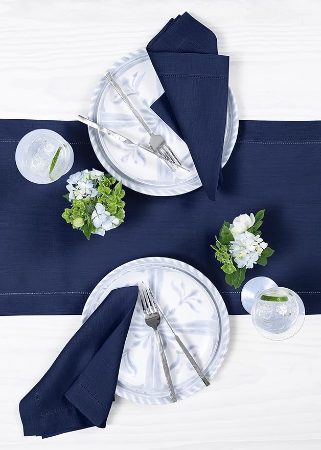 Solino Home Linen Navy Blue Table Runner 132 Inches Long - 100% Pure Linen Extra Long Table Runner 14 x 132 Inch for Easter - Classic Hemstitch